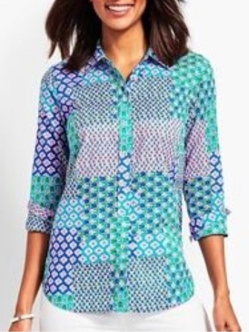 Talbots Women's PL Tulip Patchwork Cotton Long Sleeve Button Down Shirt